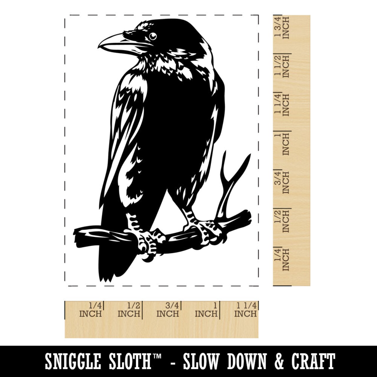 Wise Black Raven Crow Perched on Branch Rectangle Rubber Stamp for Stamping Crafting